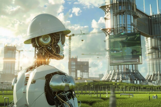 Scene with futuristic robot used in the construction industry