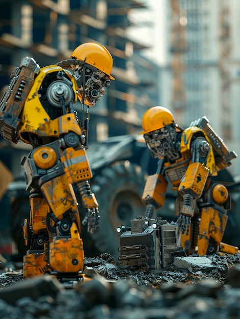 Бесплатное фото Сцена с футуристическим роботом, используемым в строительной промышленности