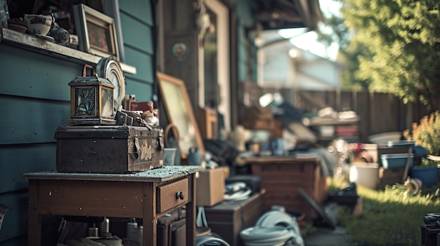 Scene with miscellaneous items being sold at a yard sale for bargains