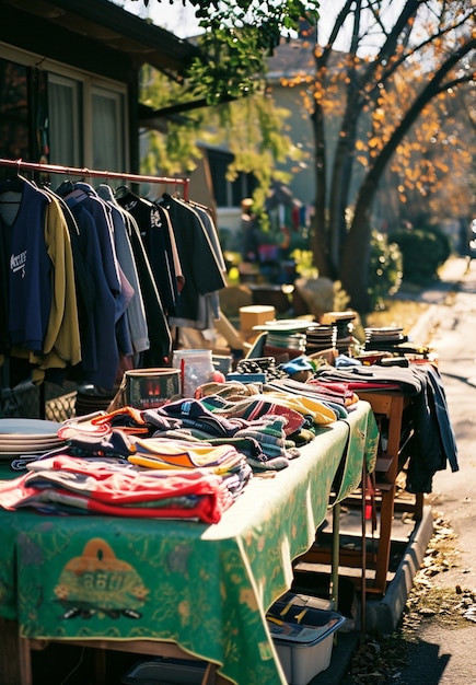 Scene with miscellaneous items being sold at a yard sale for bargains