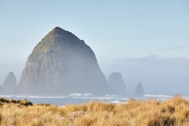 Бесплатное фото Пейзаж скалы стог сена в утреннем тумане на пляже кэннон, штат орегон