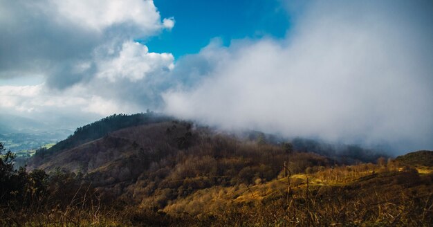 曇り空の下で山を越えて煙の風景