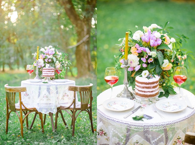 Scenery wedding table with cake in the fresh air