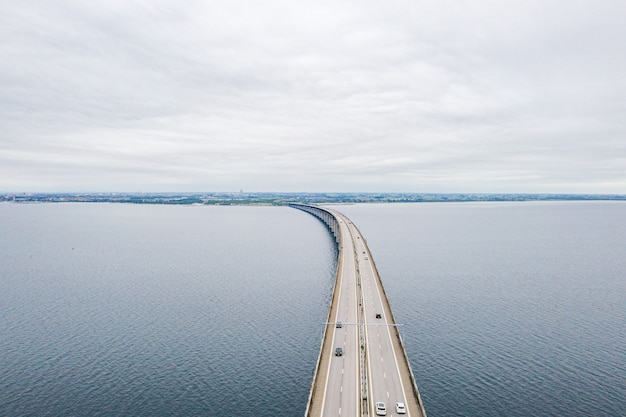 Scenic aerial view of the Oresund Bridge across the Oresund strait between Sweden and Denmark