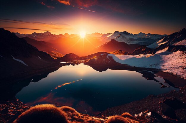 Живописный восход солнца в высоких горах Альп Генеративный AI