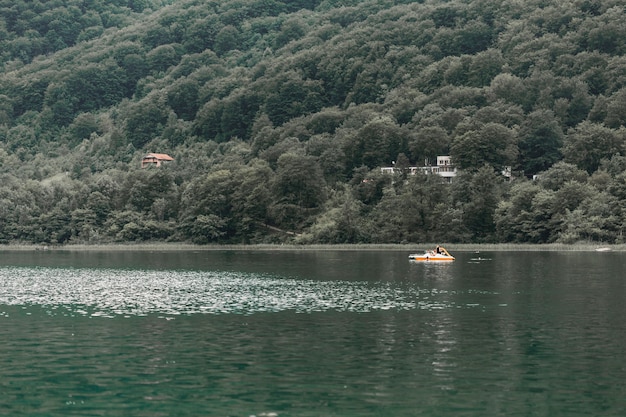 Free photo scenic view of idyllic lake near the green mountain