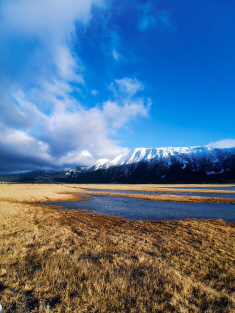 Scenic view of a lakeshore against a snowcapped mountain and a blue sky