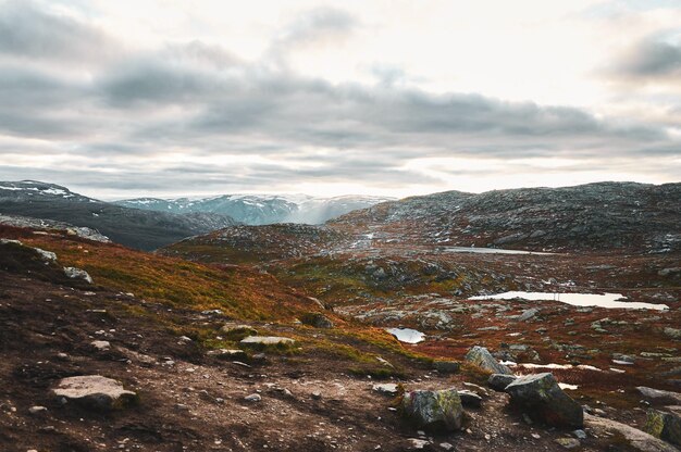 Scenic view of wild nature at Norwegian national park at autumn season.