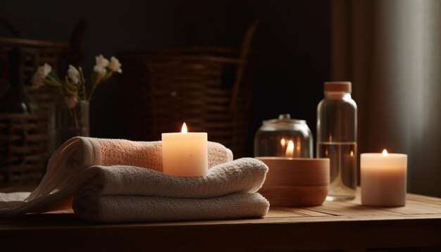 Scented candle burning in a bowl creating a tranquil scene generated by AI