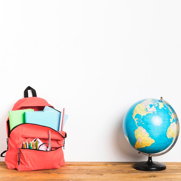 School bag with globe on table