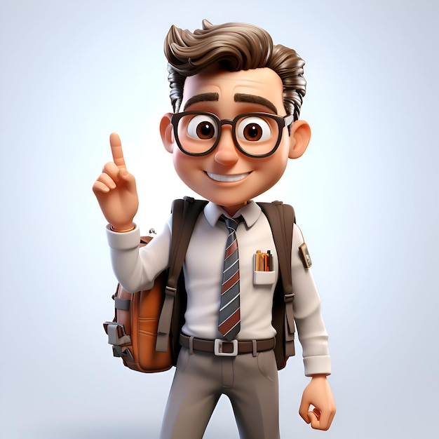 Free photo school boy with backpack and pointing up 3d render illustration