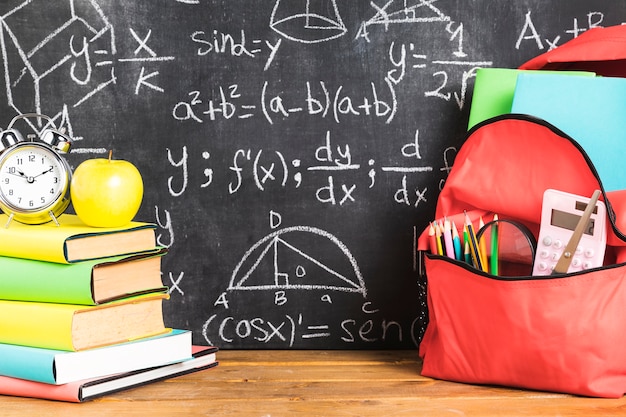 School composition with books and backpack on table