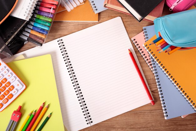 School desk with open notebook 