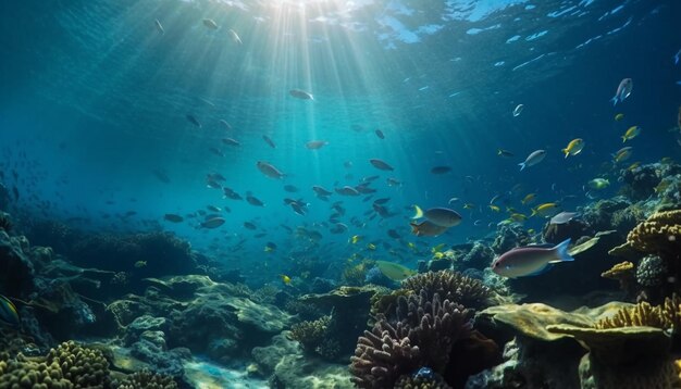 School of fish swim in colorful reef generated by AI