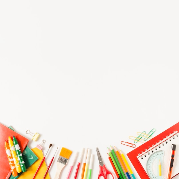 School items on white background flat lay