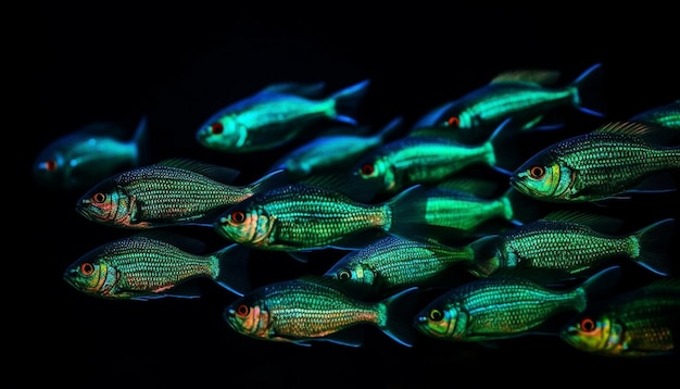 AI가 생성한 암초에서 다양한 색상의 물고기 무리가 헤엄칩니다.