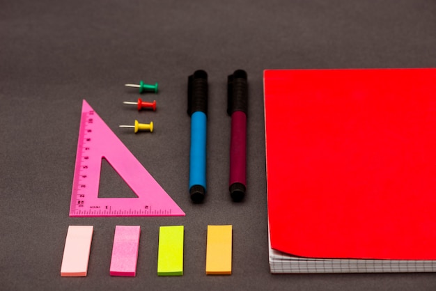 School supplies on grey table