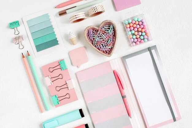 School supplies. stylish stationery in pink and blue pastel color. flat lay, top view.