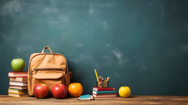 school supply with apples on copy space chalkboard background
