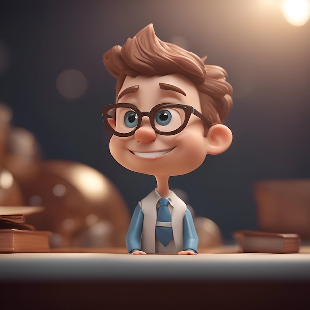 Free photo schoolboy in glasses sitting at the table 3d illustration