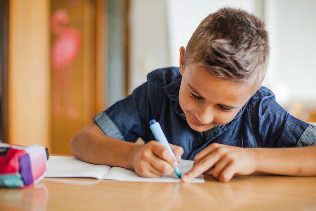 Schoolboy sitting at table drawing