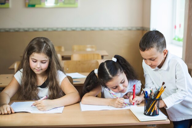 Schoolchildren studying in classroom holding pens