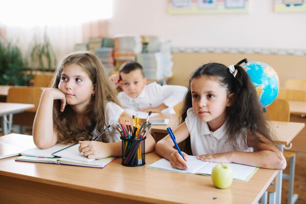 Schoolchildren studying at lesson holding pens writing