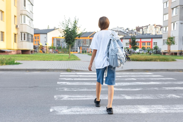 Free Photo a schoolgirl crosses a pedestrian crossing background of the school back view goes to school