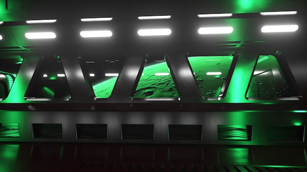 Научно-фантастический туннель в космическом пространстве с неоновым светом. планета марс за окном космического корабля. концепция космической техники. 3d иллюстрация