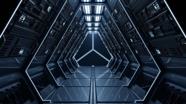 Science background fiction interior rendering sci-fi spaceship corridors blue light.3d rendering