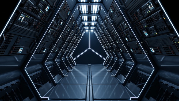 Научный фон фантастический интерьер рендеринга научно-фантастический космический корабль коридоры синий свет. 3d визуализация