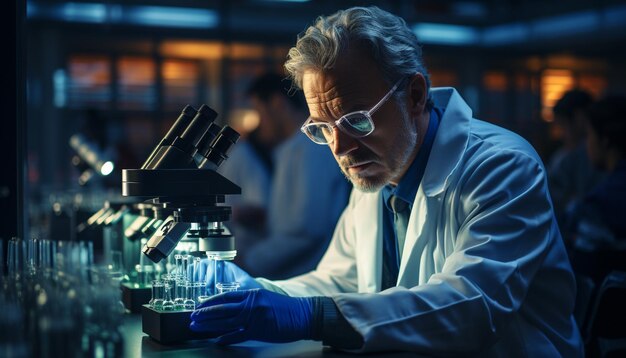 Scientist analyzing holding microscope working in laboratory serious and concentrated generated by artificial intelligence