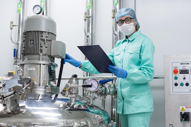 Scientist in blue lab uniform stand near big pressure tank hold tablet look at camera