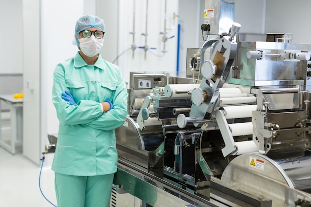 Scientist in blue suit is standing near manufacture machine