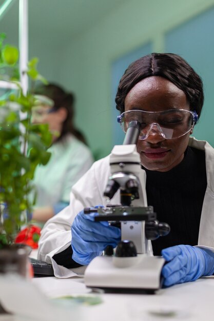 Scientist looking at leaf sample under medical microscope while writing biological expertise on notepad