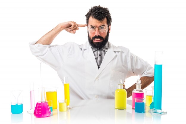 Scientist man making crazy gesture