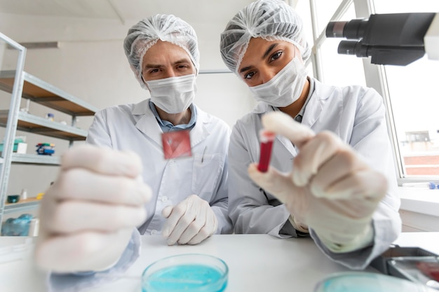 Scientists with tube and glass slide close up