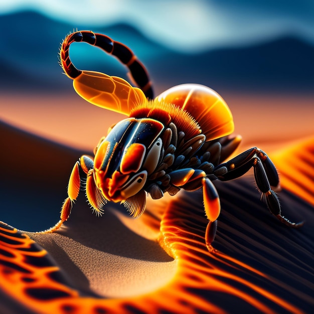 A scorpion with orange and black eyes is on a desert landscape.