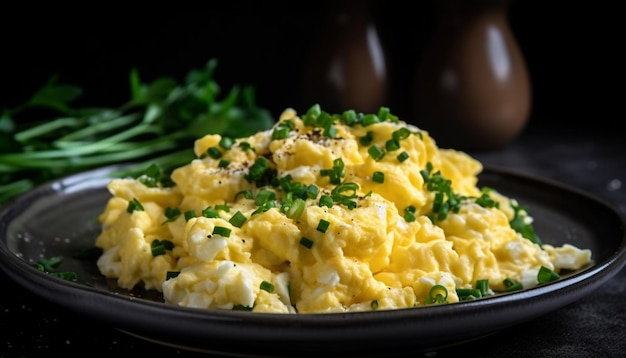 Free photo scrambled eggs on a plate with parsley generated by ai