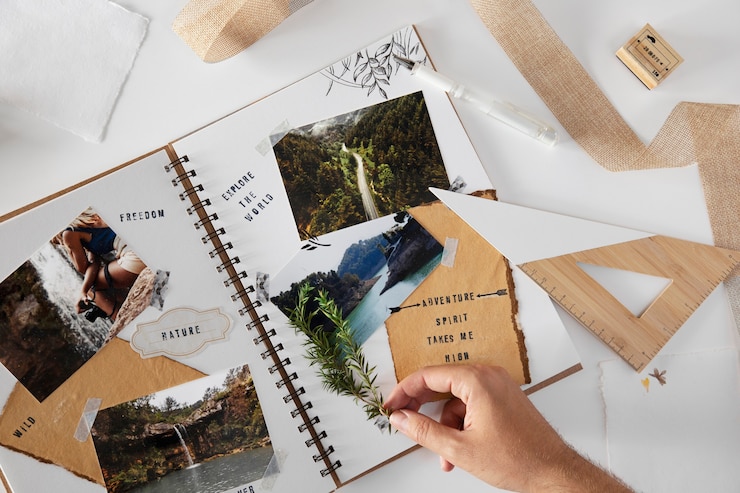 Free Photo scrapbook with travel photos  flat lay