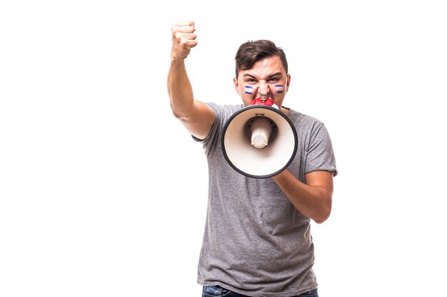 Scream on megaphone Argentina football fan in game supporting of Argentina national team on white background. Football fans concept.