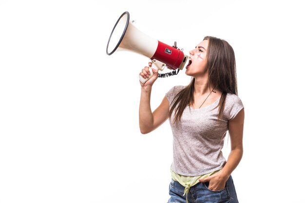 Scream on megaphone England football fan in game supporting of England national team on white background. Football fans concept.