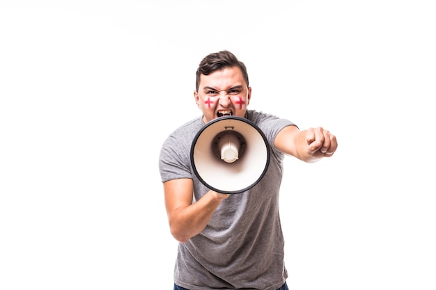 Scream on megaphone England football fan in game supporting of England national team on white background. Football fans concept.