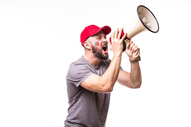 Scream on megaphone Portugal football fan in game supporting of Portugal national team on white background. Football fans concept.