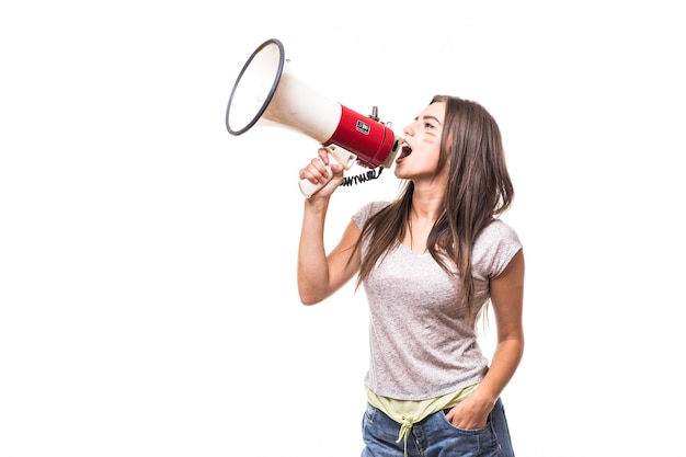 Scream on megaphone Spain woman football fan in game supporting of Spain national team on white background. Football fans concept.