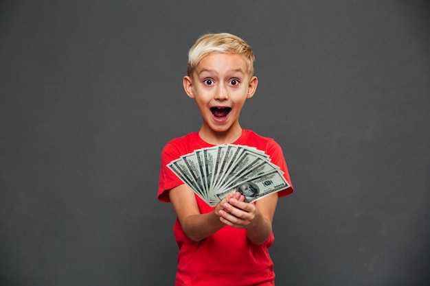 Free photo screaming surprised little boy child showing money.