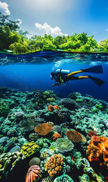 Free photo scuba diver surrounded by beautiful underwater nature