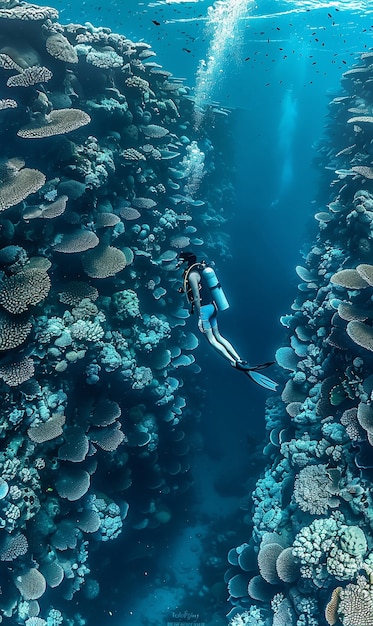 Foto gratuita un subacqueo circondato da una bellissima natura sottomarina