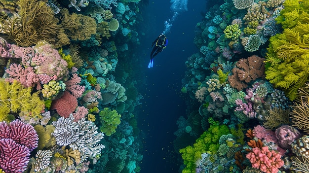 Бесплатное фото Водолаз в окружении прекрасной подводной природы