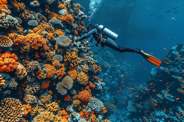 Foto gratuita scuba diver surrounded by beautiful underwater nature